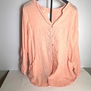 Sigrid Olsen Women's Large‎ L Salmon Pink 100% Linen Button Down Shirt Top